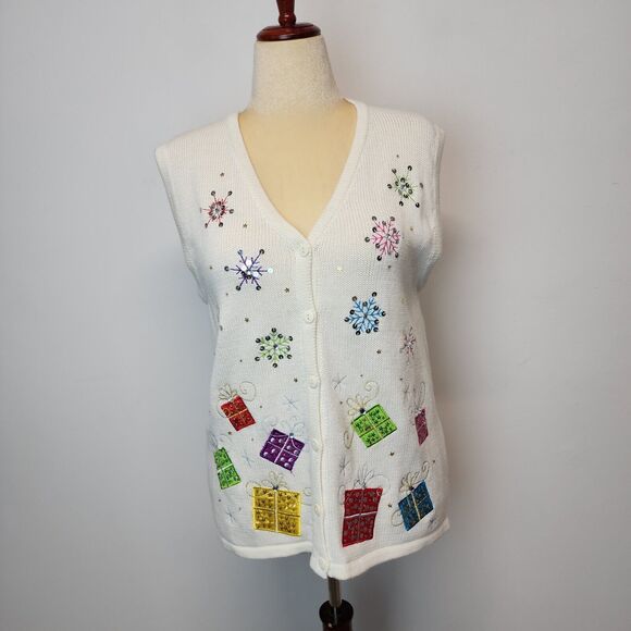 Vintage Kim Rogers Christmas Sweater Vest Size L Ivory Snowflake Gifts Sequin - Picture 2 of 12